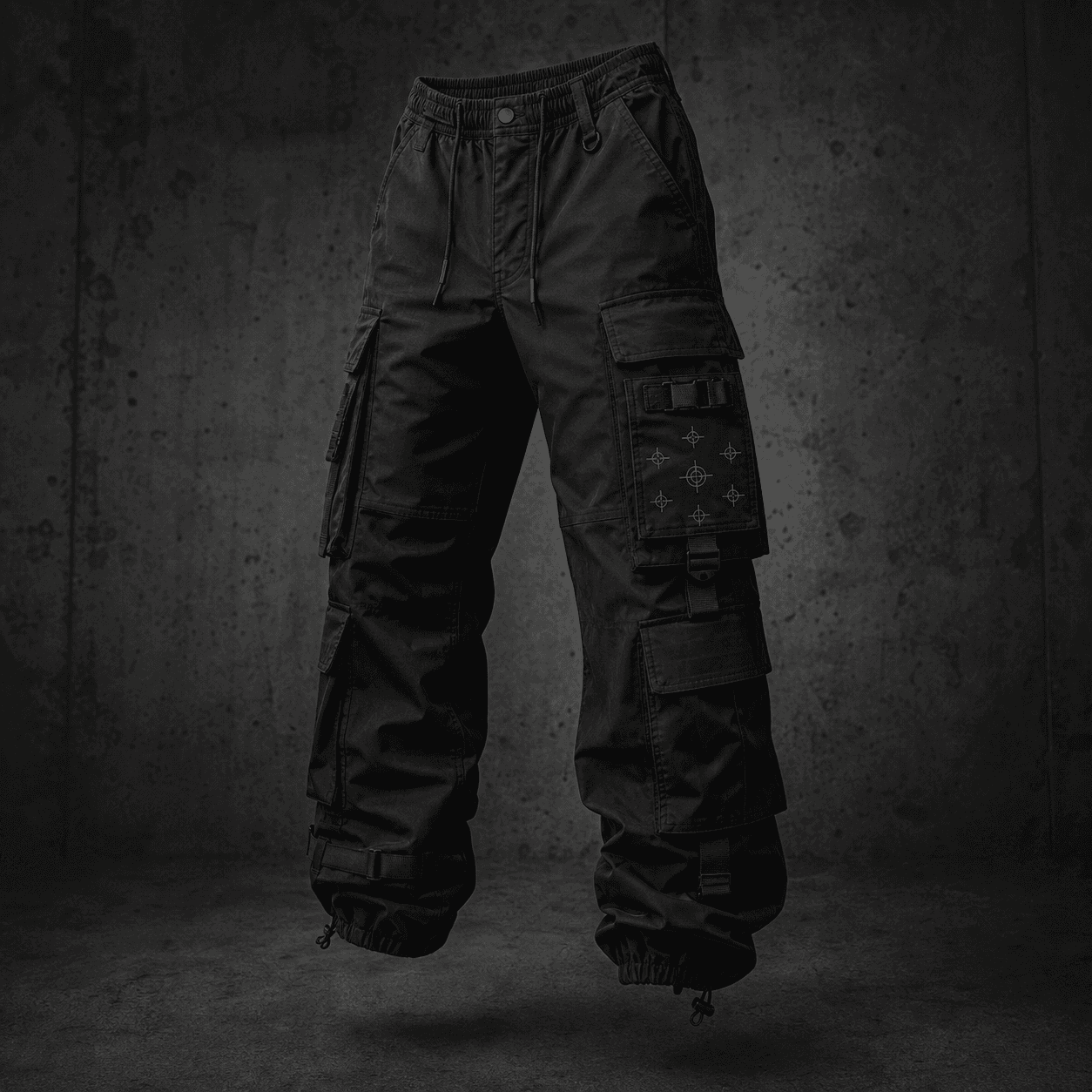 Black technical cargo pants product render